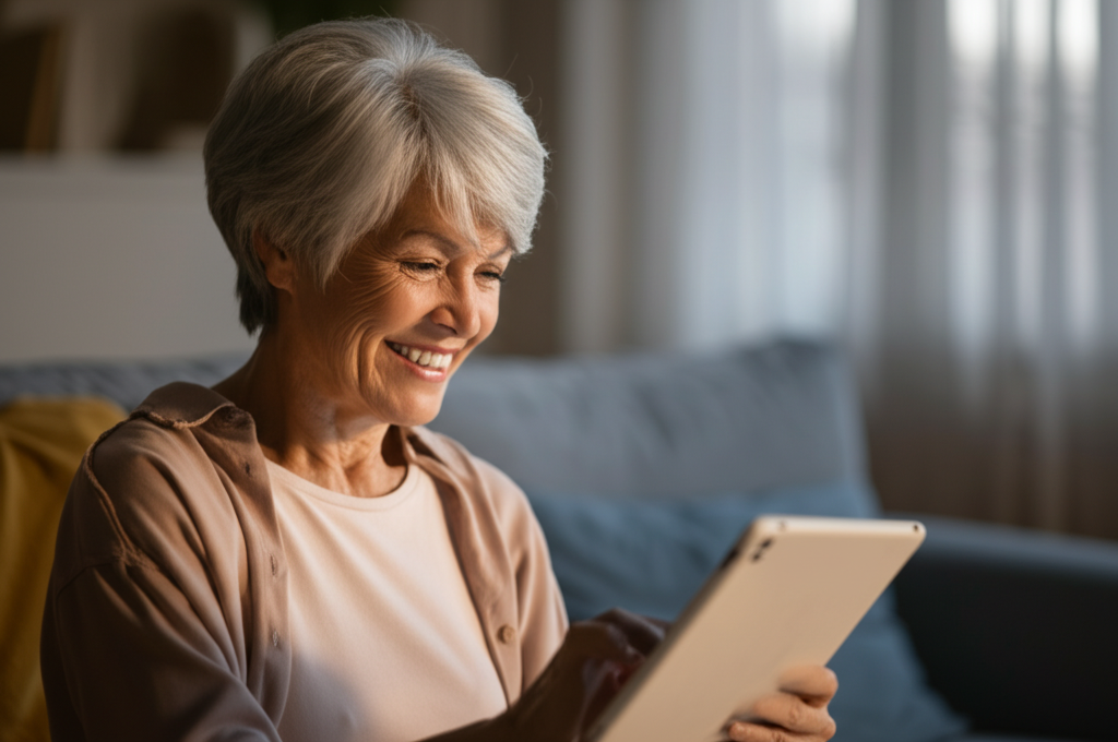 Senior enjoying the Evervia wellness platform on a tablet
