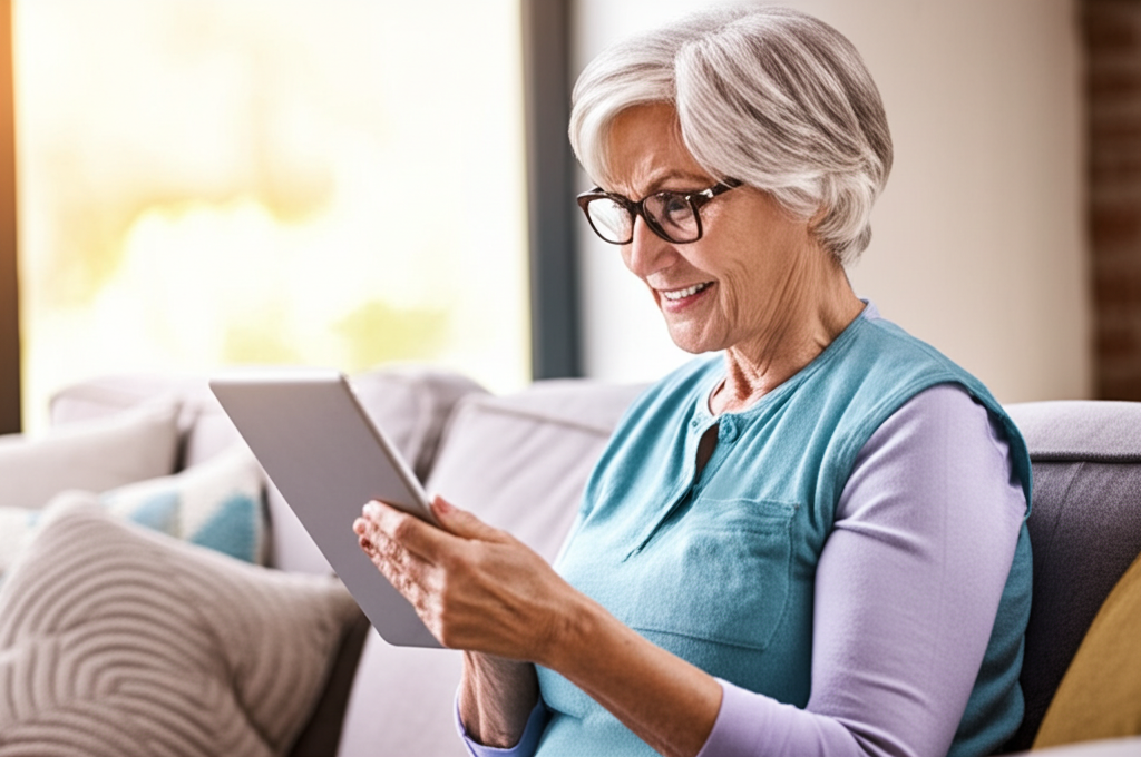 Senior comfortably using the Evervia wellness platform on a tablet